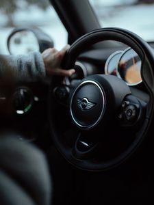 Preview wallpaper mini cooper, car, steering wheel, hand