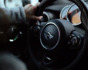 Preview wallpaper mini cooper, car, steering wheel, hand