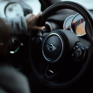 Preview wallpaper mini cooper, car, steering wheel, hand
