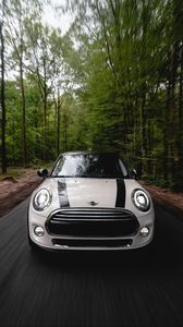 Preview wallpaper mini cooper, car, white, front view, movement, speed