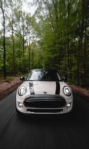 Preview wallpaper mini cooper, car, white, front view, movement, speed