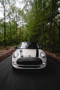 Preview wallpaper mini cooper, car, white, front view, movement, speed