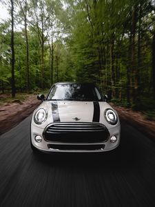 Preview wallpaper mini cooper, car, white, front view, movement, speed