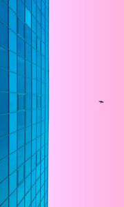 Preview wallpaper minimalism, blue, pink, building, sky, bird