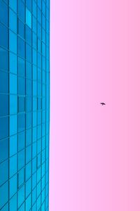 Preview wallpaper minimalism, blue, pink, building, sky, bird