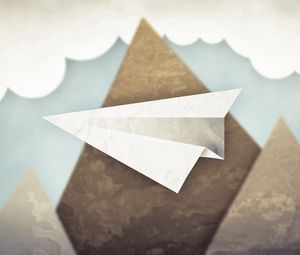 Preview wallpaper minimalism, mountains, clouds, sky, paper airplane