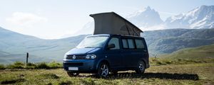 Preview wallpaper minivan, volkswagen multivan, volkswagen, bus, mountains, travel