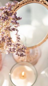 Preview wallpaper mirror, flowers, candle, light, aesthetics