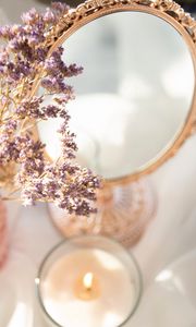 Preview wallpaper mirror, flowers, candle, light, aesthetics