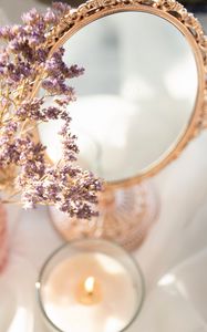 Preview wallpaper mirror, flowers, candle, light, aesthetics