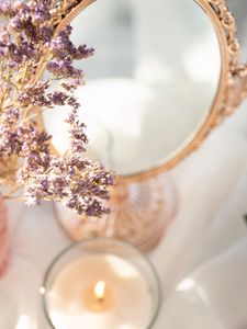 Preview wallpaper mirror, flowers, candle, light, aesthetics