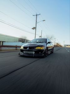 Preview wallpaper mitsubishi, car, black, road, speed
