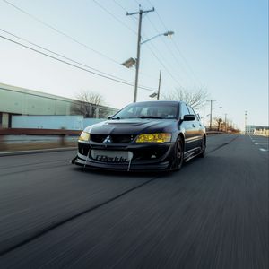 Preview wallpaper mitsubishi, car, black, road, speed