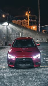 Preview wallpaper mitsubishi, car, red, front view, night