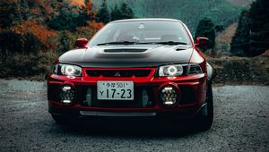 Preview wallpaper mitsubishi lancer evolution, mitsubishi, car, red, black, front view