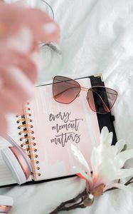 Preview wallpaper moment, phrase, words, inscription, note, glasses, flowers