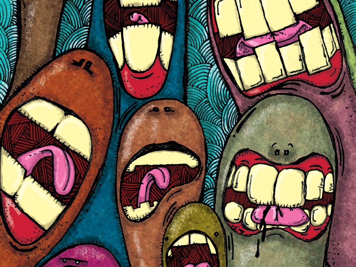 1400x1050 Wallpaper monsters, art, teeth, colorful