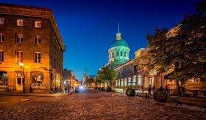 Preview wallpaper montreal, quebec, canada, city, night, lights, benches, street paving