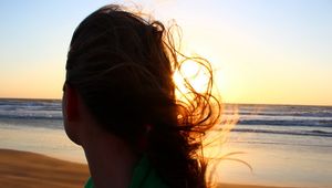 Preview wallpaper mood, girl, hair, wind, sunset