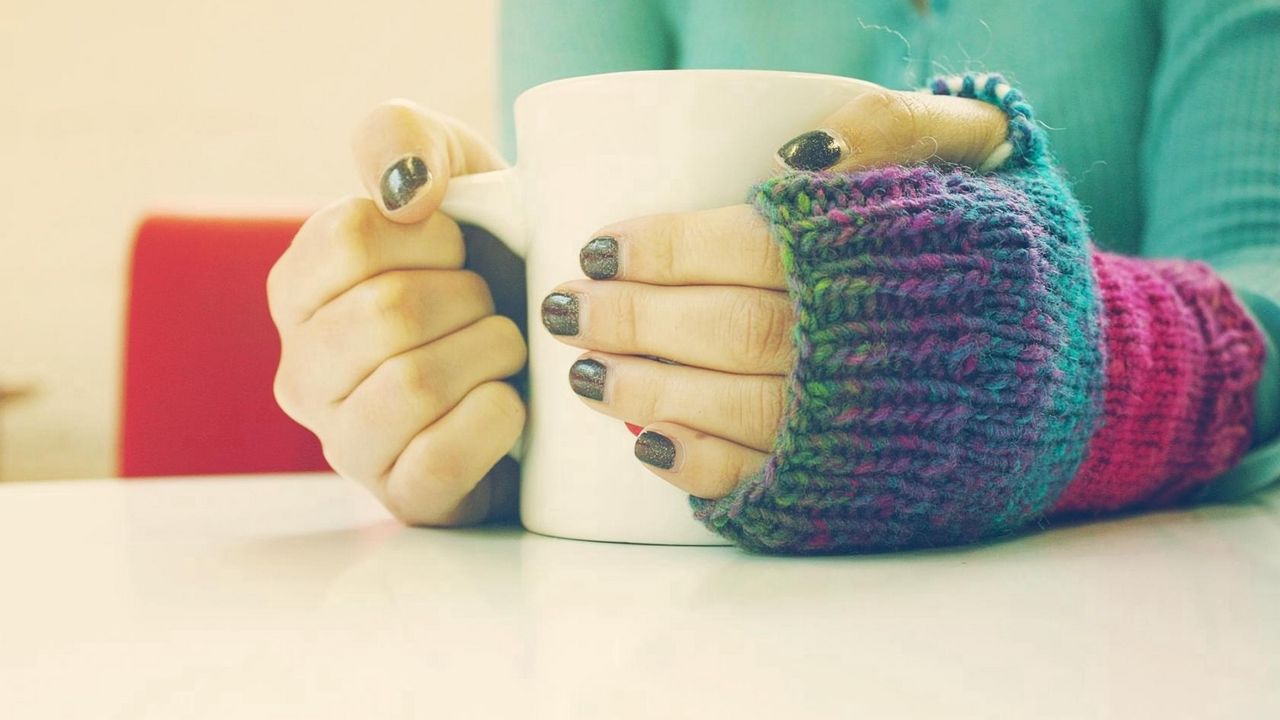 Wallpaper mood, girl, mug, nail, nails, sweater, knitted