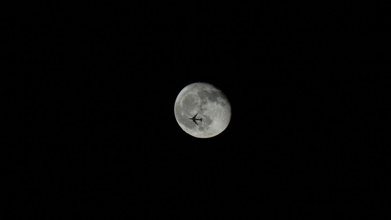 Wallpaper moon, airplane, dark, sky, space