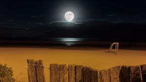 Preview wallpaper moon, beach, fence, sea, night