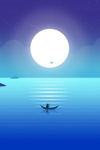 Preview wallpaper moon, boat, fisherman, horizon, art