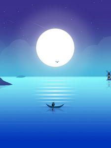 Preview wallpaper moon, boat, fisherman, horizon, art