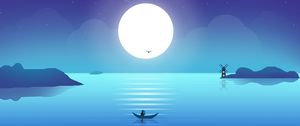 Preview wallpaper moon, boat, fisherman, horizon, art