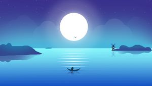 Preview wallpaper moon, boat, fisherman, horizon, art