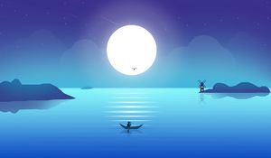 Preview wallpaper moon, boat, fisherman, horizon, art