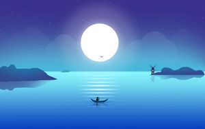 Preview wallpaper moon, boat, fisherman, horizon, art