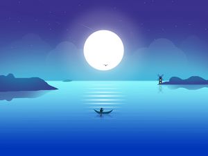 Preview wallpaper moon, boat, fisherman, horizon, art