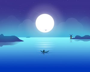 Preview wallpaper moon, boat, fisherman, horizon, art