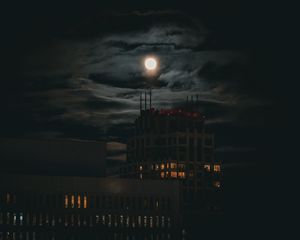 Preview wallpaper moon, building, lights, night, dark