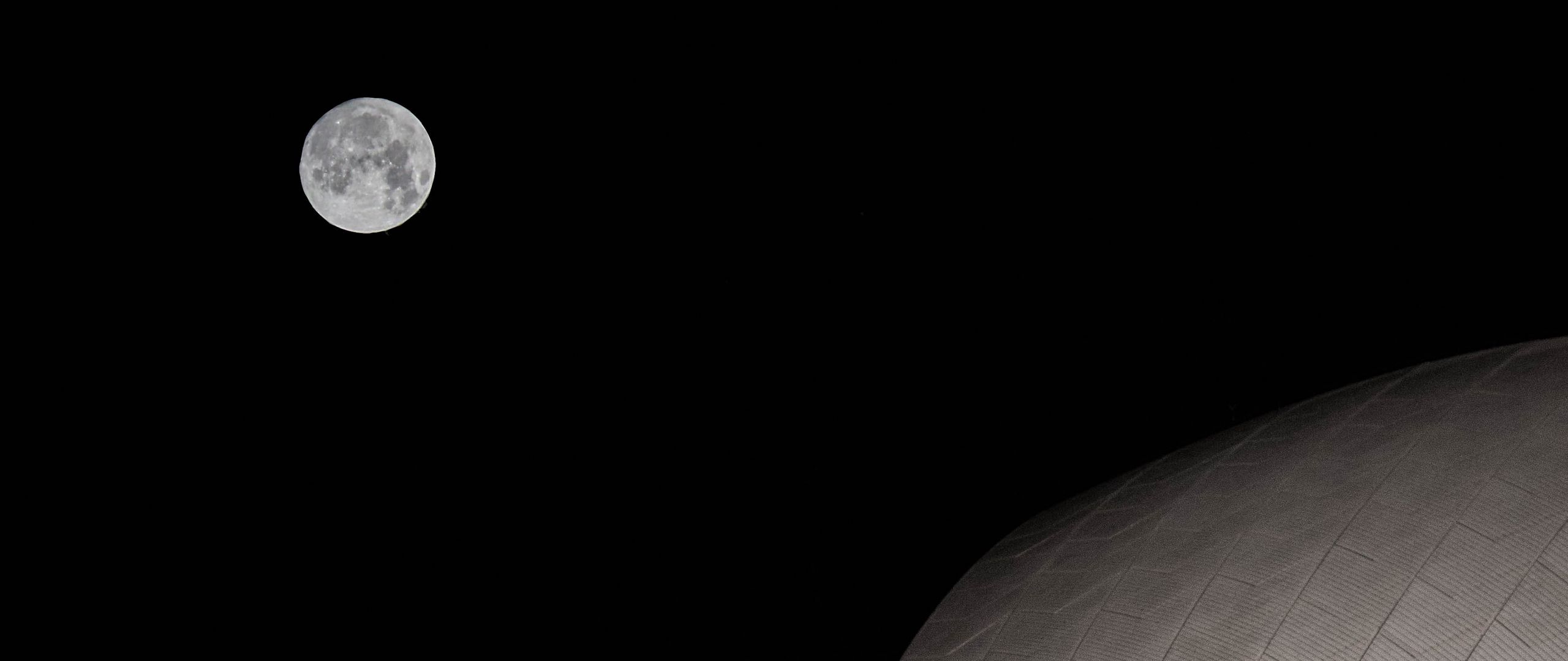 Download wallpaper 2560x1080 moon, building, night, full moon ...