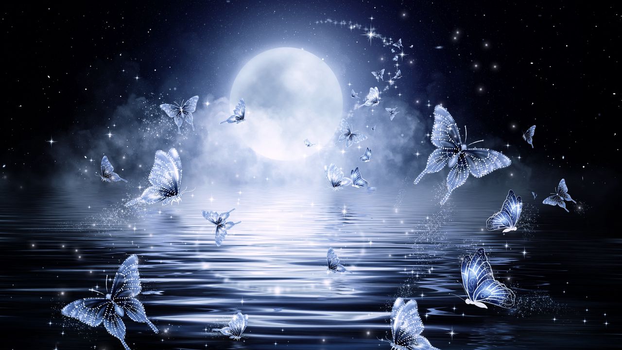 Wallpaper moon, butterflies, stars, glitter, art