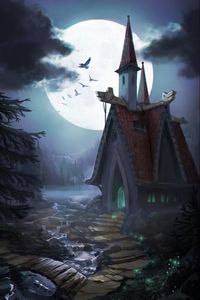 Preview wallpaper moon, castle, stream, birds