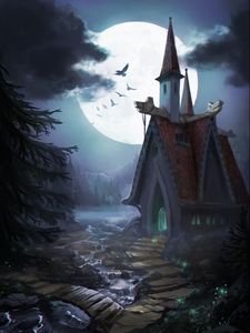 Preview wallpaper moon, castle, stream, birds