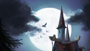 Preview wallpaper moon, castle, stream, birds