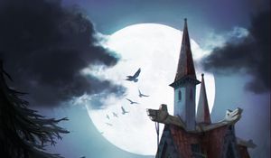 Preview wallpaper moon, castle, stream, birds