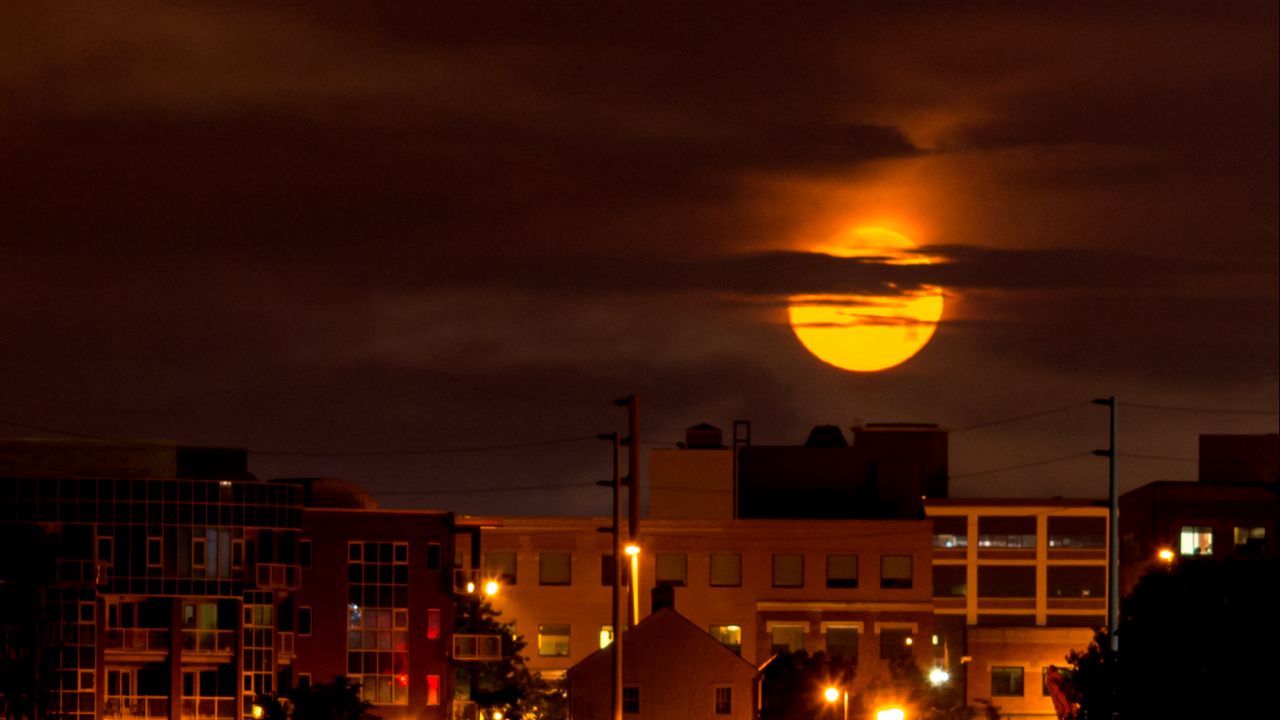 Wallpaper moon, clouds, city, dark