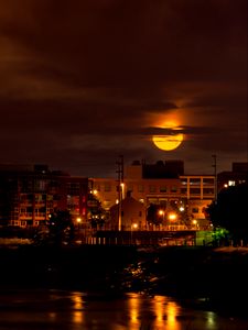 Preview wallpaper moon, clouds, city, dark