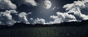 Preview wallpaper moon, clouds, grass, field, full moon, photoshop