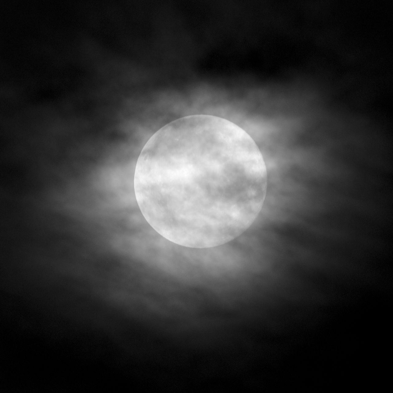 1280x1280 Wallpaper moon, clouds, night, sky, fog, bw