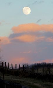 Preview wallpaper moon, dusk, nature, fence, clouds