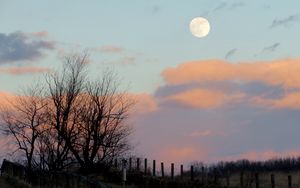 Preview wallpaper moon, dusk, nature, fence, clouds