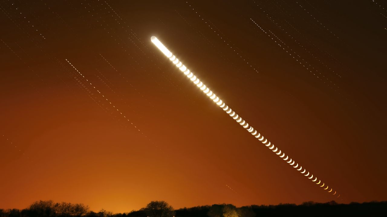 Wallpaper moon, evening, sky, trees, long exposure