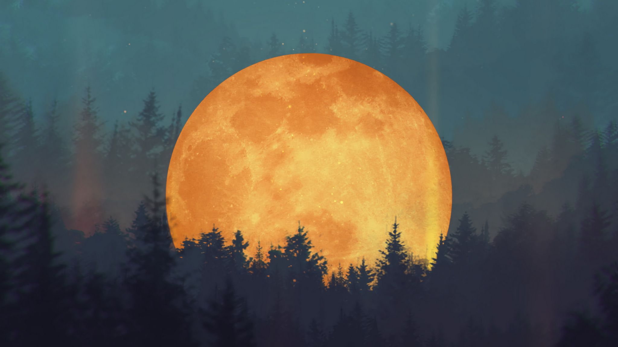 Download wallpaper 2048x1152 moon, forest, trees, illusion, art