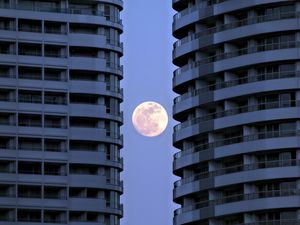 Preview wallpaper moon, full moon, buildings, sky